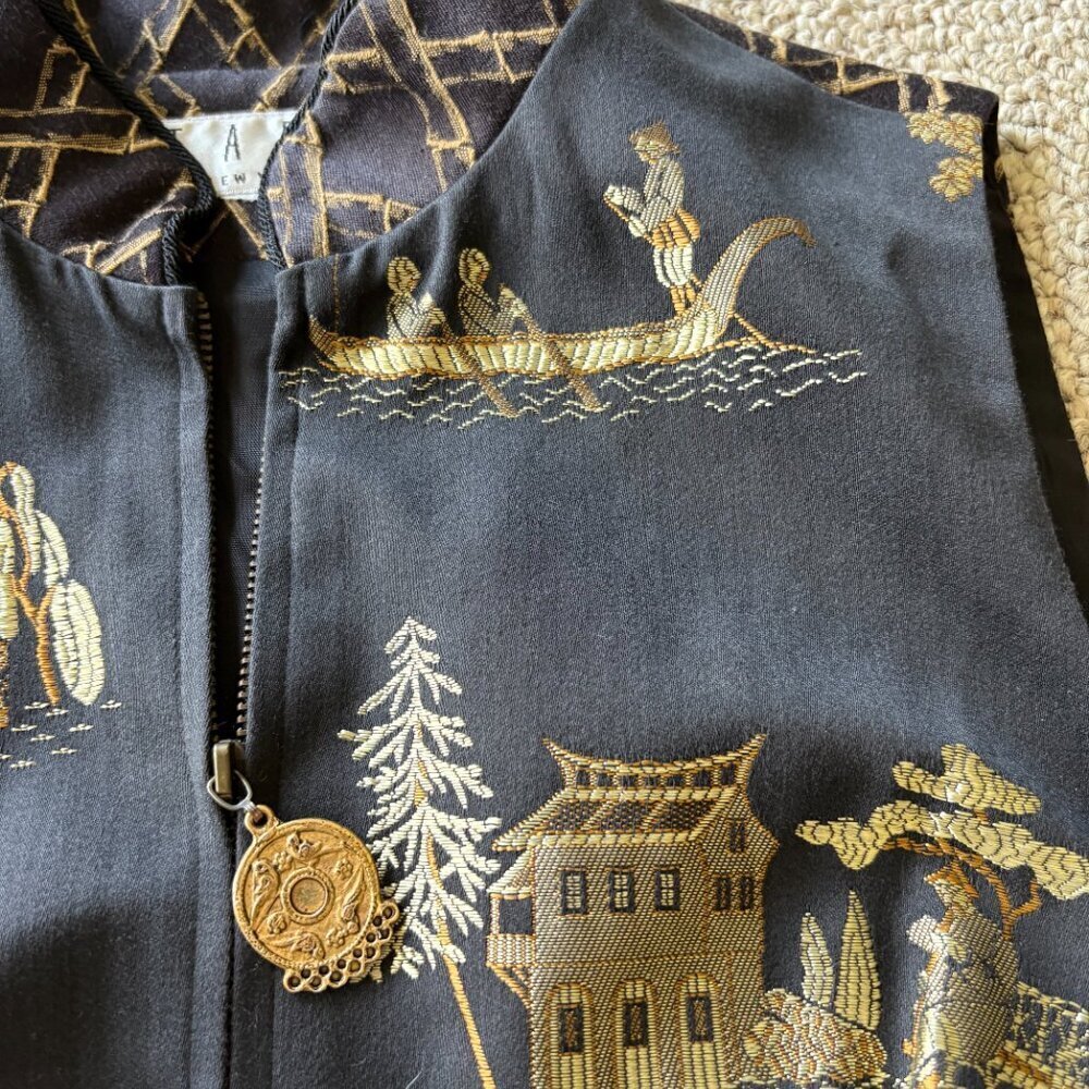 Vintage TAPP New York Vest | S/M | Black Gold Embroidered | Asian Inspired | USA - Picture 4 of 13